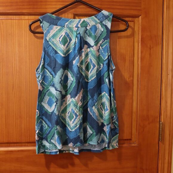 Sonoma Blue Ikat Print Wooden Beaded Neckline Tank Top Petite Large - Picture 8 of 10